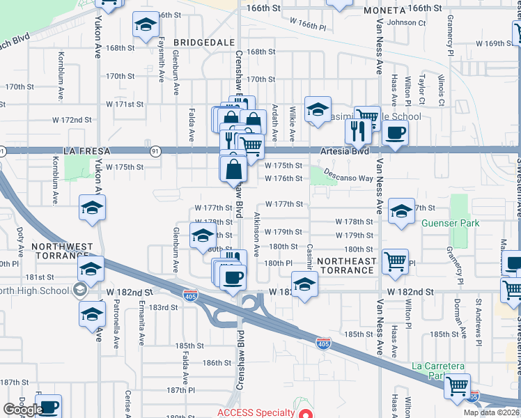 map of restaurants, bars, coffee shops, grocery stores, and more near 2806 West 177th Street in Torrance