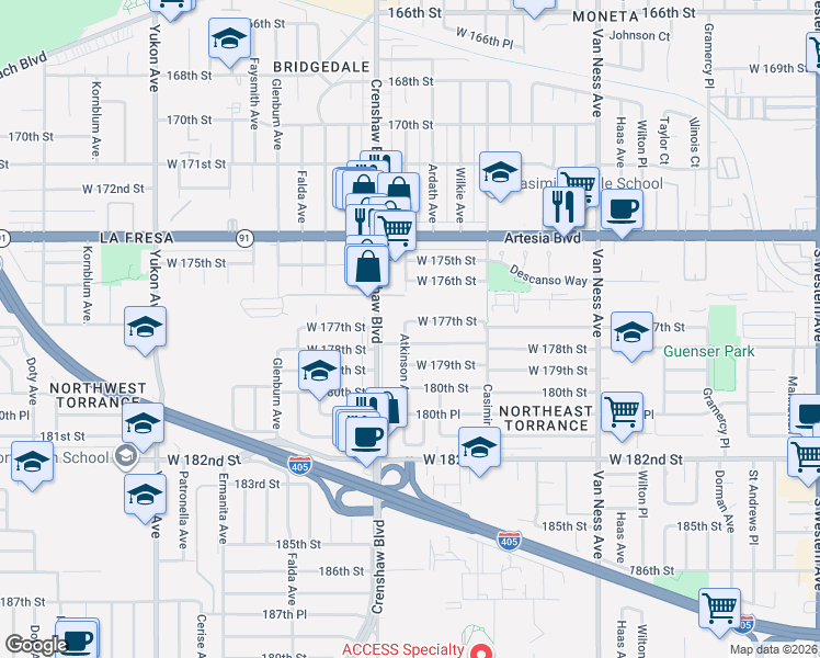 map of restaurants, bars, coffee shops, grocery stores, and more near 2824 West 177th Street in Torrance