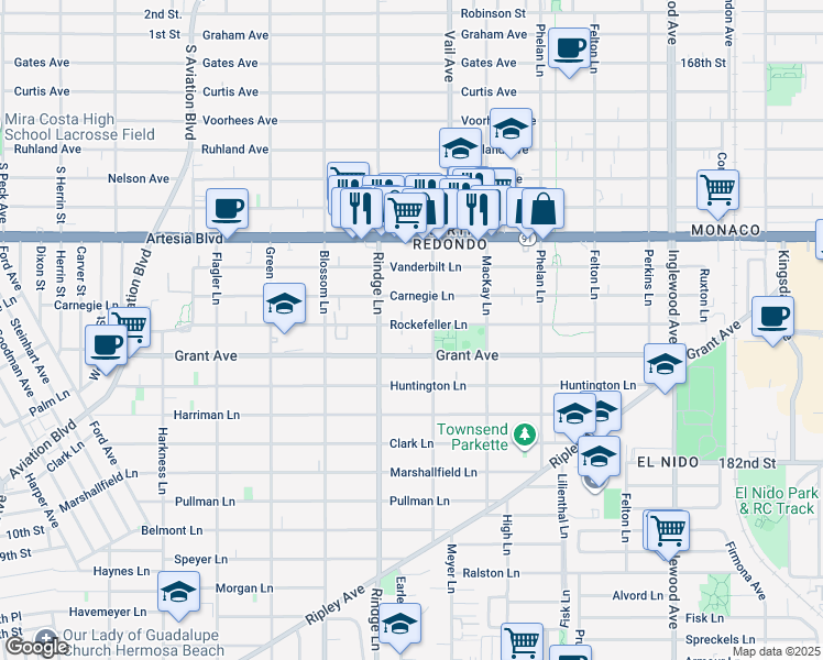 map of restaurants, bars, coffee shops, grocery stores, and more near 2214 Rockefeller Lane in Redondo Beach