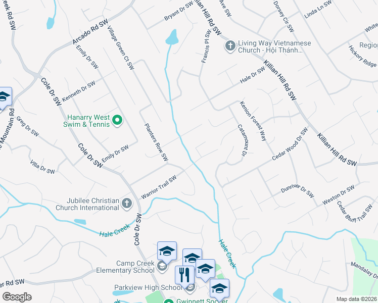 map of restaurants, bars, coffee shops, grocery stores, and more near 671 Bow Court Southwest in Lilburn