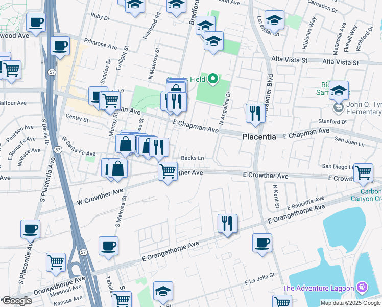 map of restaurants, bars, coffee shops, grocery stores, and more near 225 Backs Lane in Placentia