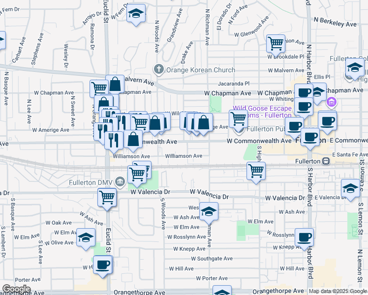 map of restaurants, bars, coffee shops, grocery stores, and more near 616 West Commonwealth Avenue in Fullerton