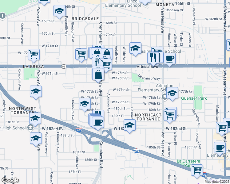 map of restaurants, bars, coffee shops, grocery stores, and more near 2806 West 177th Street in Torrance