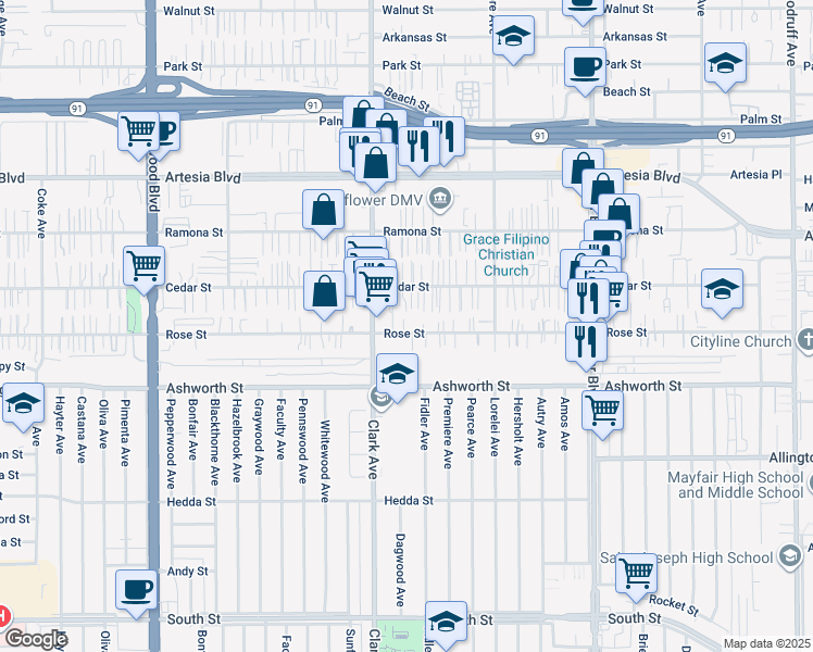 map of restaurants, bars, coffee shops, grocery stores, and more near 9437 Rose Street in Bellflower