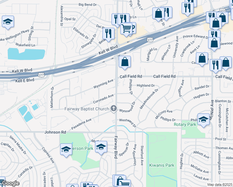 map of restaurants, bars, coffee shops, grocery stores, and more near 4598 Bermuda Drive in Wichita Falls