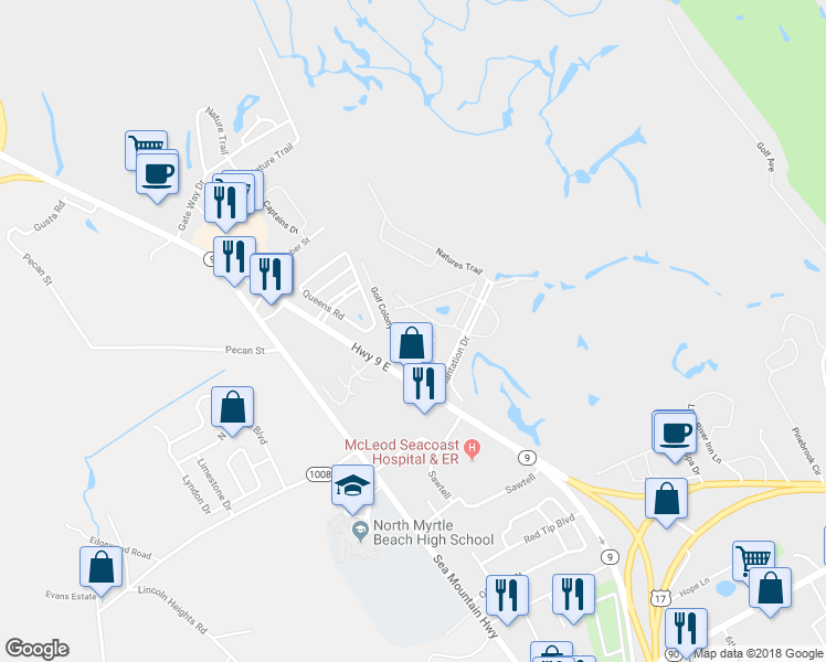 map of restaurants, bars, coffee shops, grocery stores, and more near 3700H Golf Colony Lane in Little River