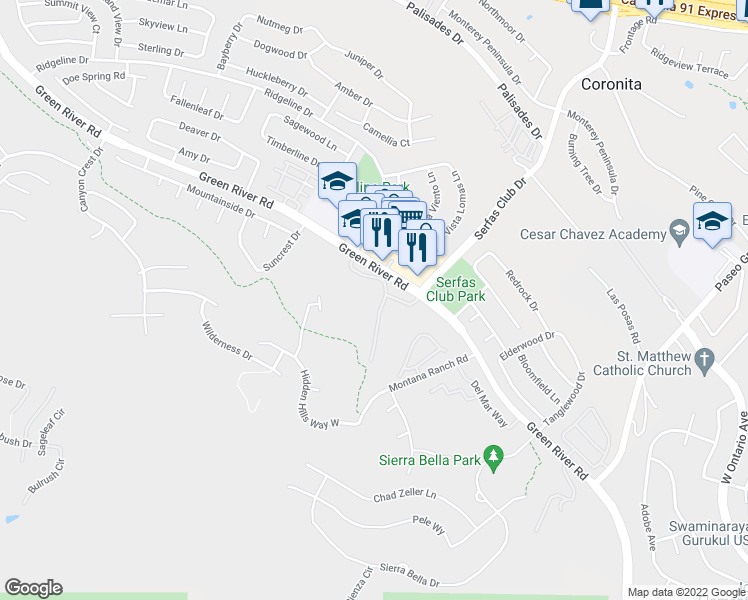 map of restaurants, bars, coffee shops, grocery stores, and more near 2758 Ridgeline Drive in Corona