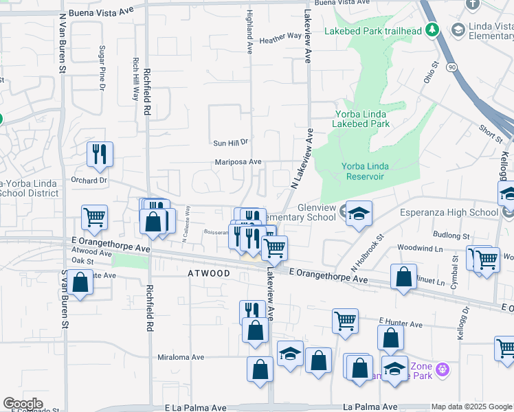 map of restaurants, bars, coffee shops, grocery stores, and more near in Placentia
