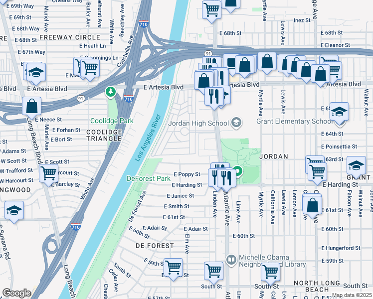 map of restaurants, bars, coffee shops, grocery stores, and more near in Long Beach