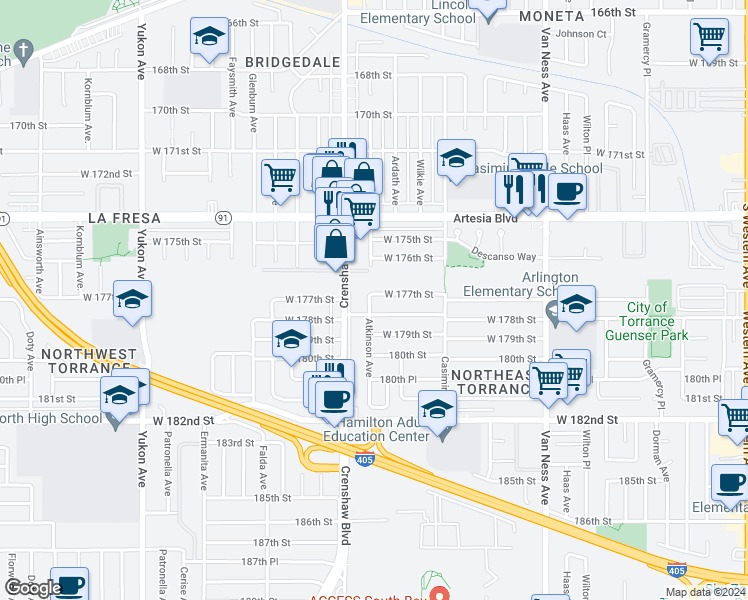 map of restaurants, bars, coffee shops, grocery stores, and more near 2824 West 177th Street in Torrance