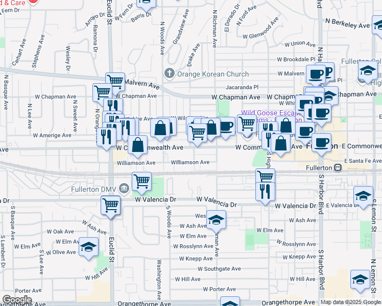 map of restaurants, bars, coffee shops, grocery stores, and more near 600 West Commonwealth Avenue in Fullerton