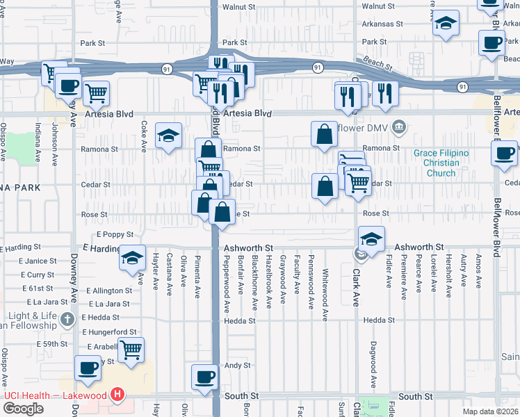 map of restaurants, bars, coffee shops, grocery stores, and more near 9119 Rose Street in Bellflower