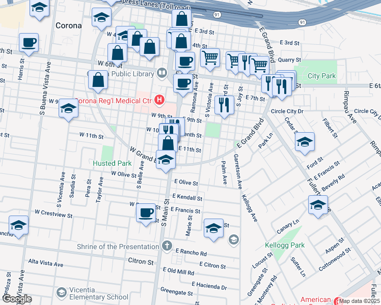 map of restaurants, bars, coffee shops, grocery stores, and more near 1101 Ramona Avenue in Corona