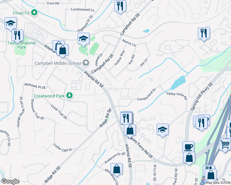 map of restaurants, bars, coffee shops, grocery stores, and more near 3385 Atlanta Road Southeast in Smyrna