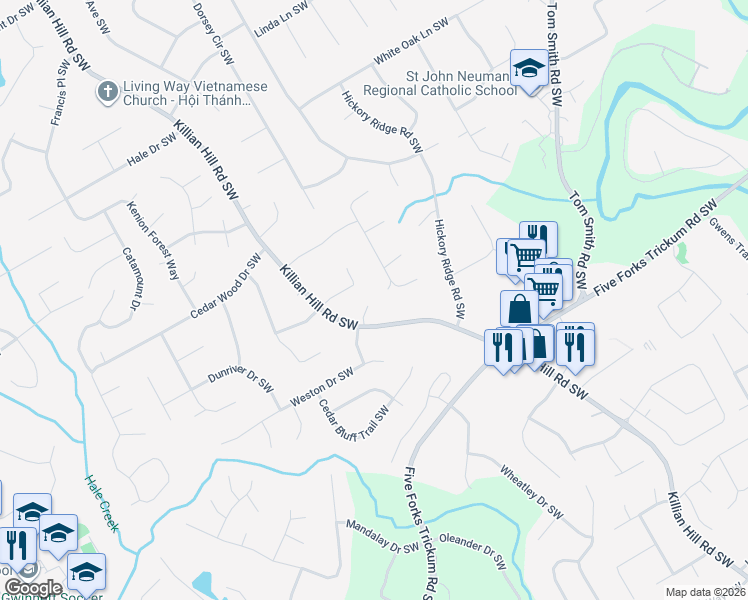 map of restaurants, bars, coffee shops, grocery stores, and more near 852 Taliferro Court Southwest in Lilburn
