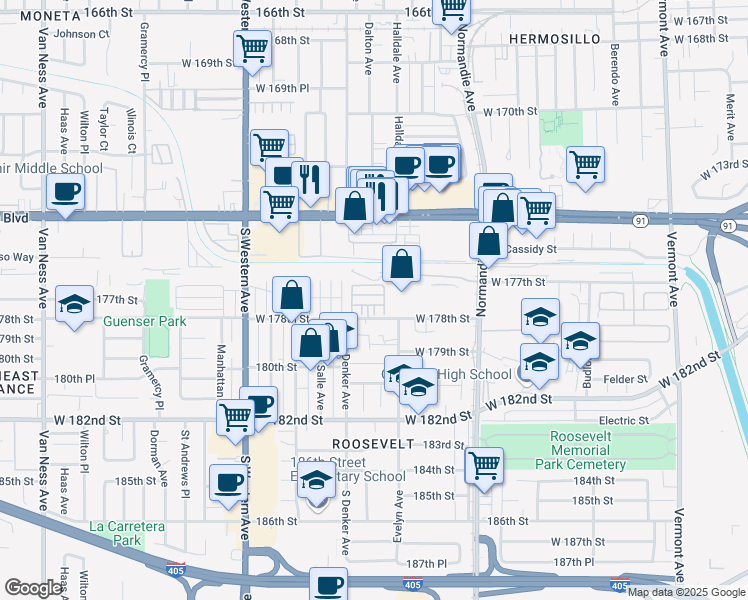 map of restaurants, bars, coffee shops, grocery stores, and more near 1515 West 178th Street in Gardena