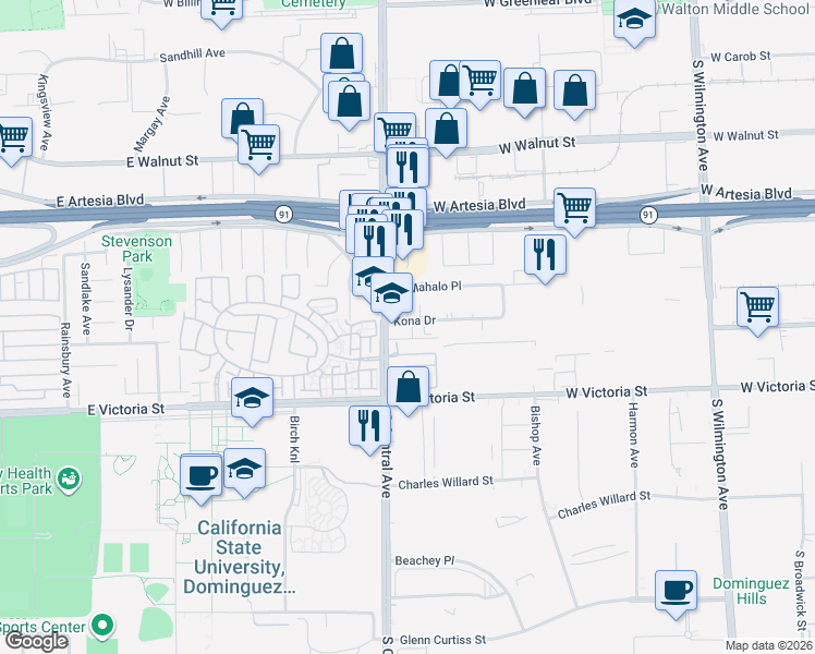 map of restaurants, bars, coffee shops, grocery stores, and more near 1900 Kona Drive in Compton