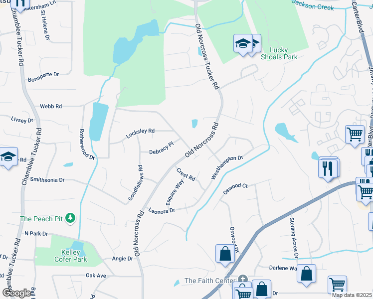 map of restaurants, bars, coffee shops, grocery stores, and more near 2858 Old Norcross Road in Tucker