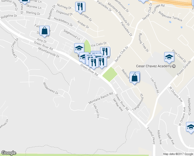 map of restaurants, bars, coffee shops, grocery stores, and more near 1450 Serfas Club Drive in Corona