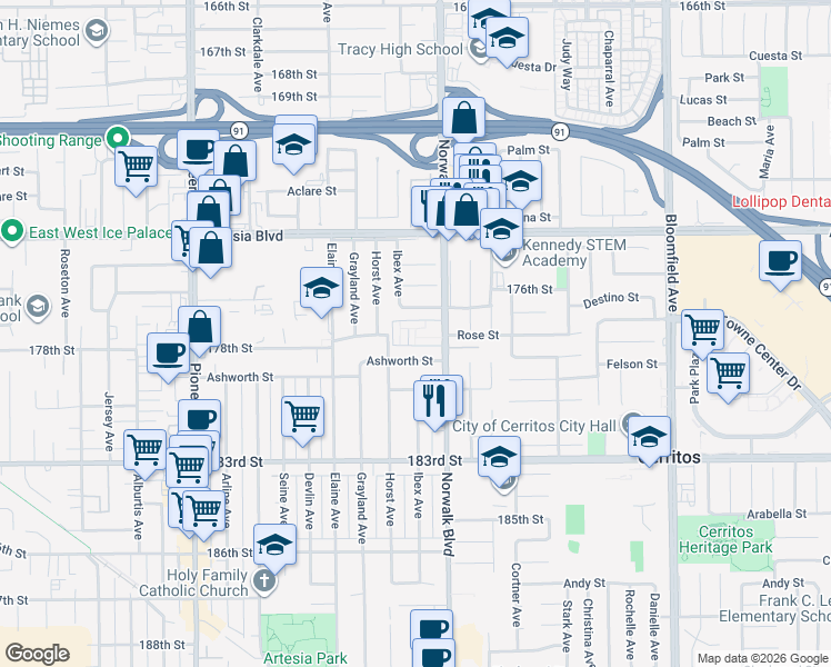map of restaurants, bars, coffee shops, grocery stores, and more near in Artesia