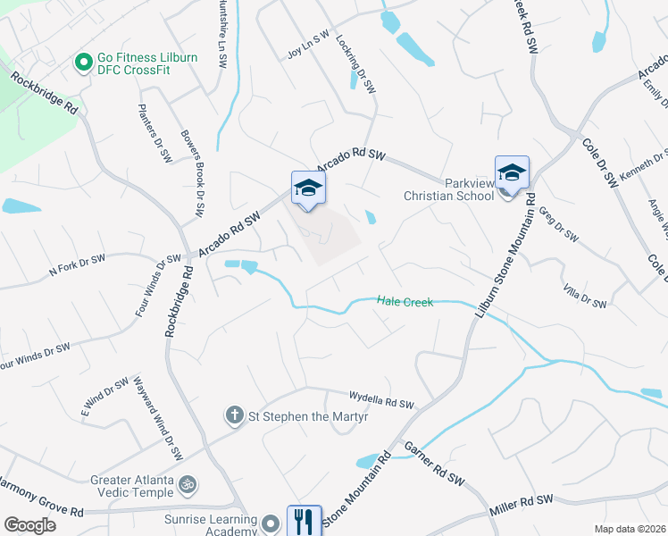 map of restaurants, bars, coffee shops, grocery stores, and more near 185 Shunn Way Southwest in Lilburn