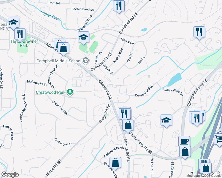 map of restaurants, bars, coffee shops, grocery stores, and more near 3385 Atlanta Road Southeast in Smyrna