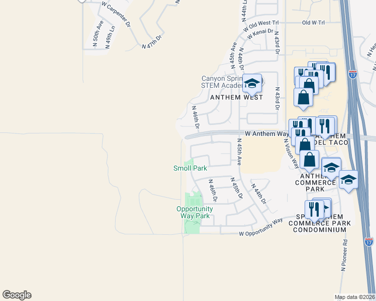 map of restaurants, bars, coffee shops, grocery stores, and more near 42418 North 46th Lane in Phoenix
