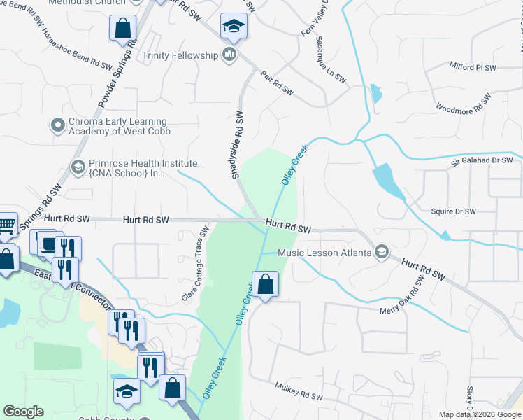 map of restaurants, bars, coffee shops, grocery stores, and more near 2040 Hurt Road Southwest in Marietta