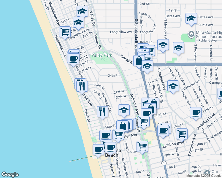 map of restaurants, bars, coffee shops, grocery stores, and more near 2121 Power Street in Hermosa Beach
