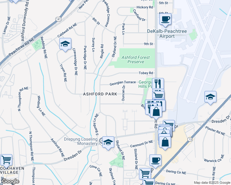 map of restaurants, bars, coffee shops, grocery stores, and more near 1802 Duke Road in Chamblee