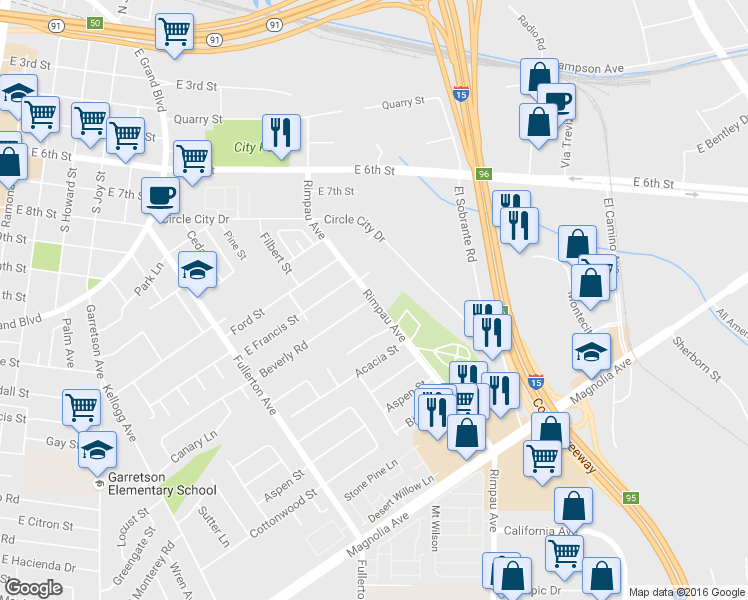 map of restaurants, bars, coffee shops, grocery stores, and more near 1004 Rimpau Avenue in Corona