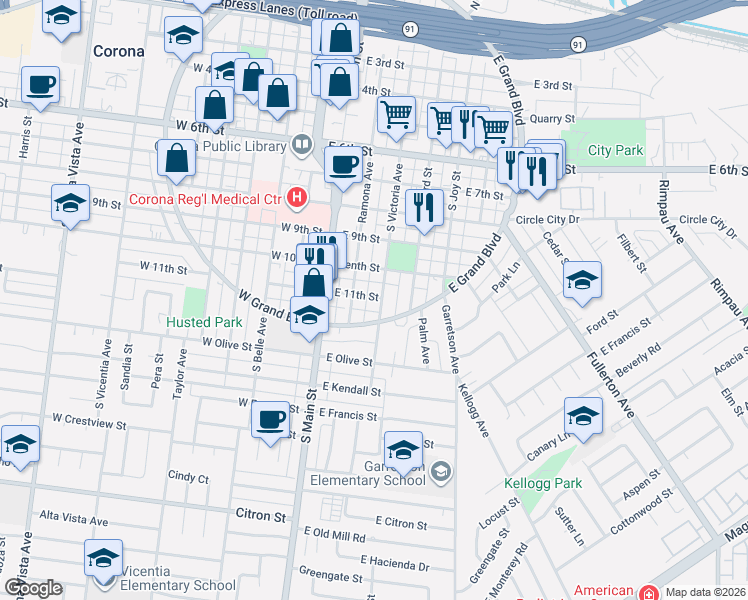map of restaurants, bars, coffee shops, grocery stores, and more near 1101 Ramona Avenue in Corona