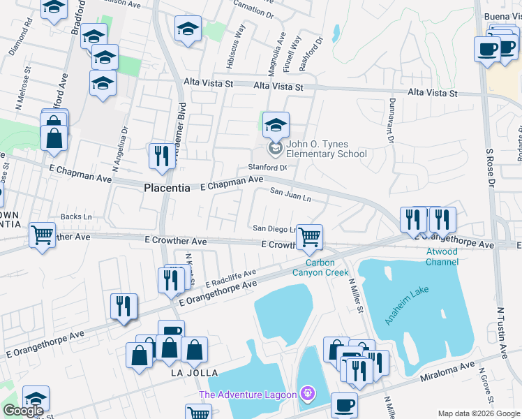map of restaurants, bars, coffee shops, grocery stores, and more near 212 San Antonio Circle in Placentia