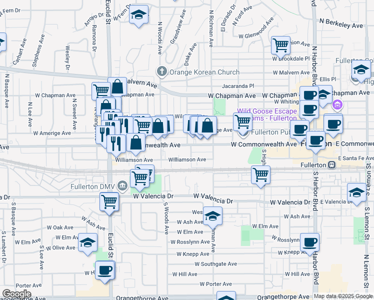 map of restaurants, bars, coffee shops, grocery stores, and more near 616 West Commonwealth Avenue in Fullerton