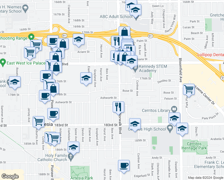 map of restaurants, bars, coffee shops, grocery stores, and more near 17721 Norwalk Boulevard in Artesia