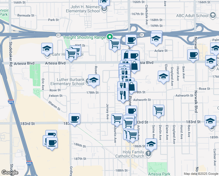 map of restaurants, bars, coffee shops, grocery stores, and more near 17710 Alburtis Avenue in Artesia