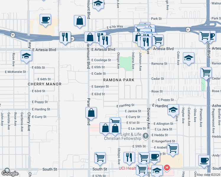 map of restaurants, bars, coffee shops, grocery stores, and more near 3114 East Sawyer Street in Long Beach