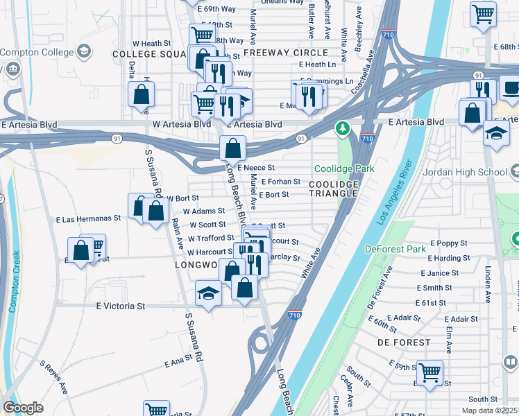 map of restaurants, bars, coffee shops, grocery stores, and more near 211 East Adams Street in Long Beach