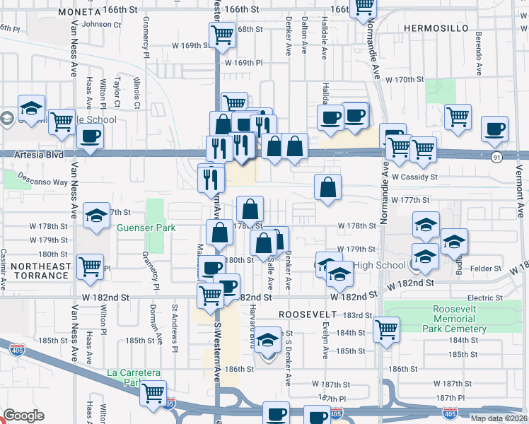 map of restaurants, bars, coffee shops, grocery stores, and more near 17700 South Western Avenue in Gardena