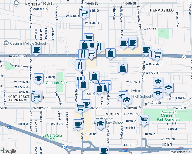 map of restaurants, bars, coffee shops, grocery stores, and more near 17700 South Western Avenue in Gardena
