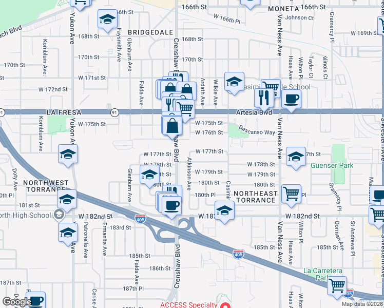 map of restaurants, bars, coffee shops, grocery stores, and more near 2806 West 177th Street in Torrance