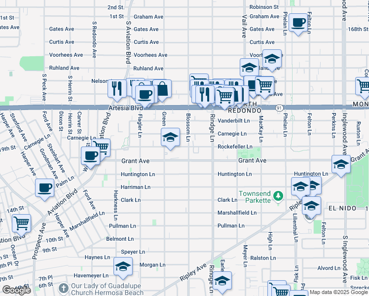 map of restaurants, bars, coffee shops, grocery stores, and more near 1600 Green Lane in Redondo Beach