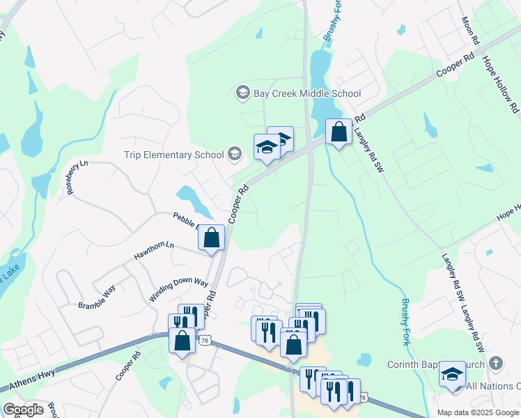 map of restaurants, bars, coffee shops, grocery stores, and more near Cygnet Lane in Gwinnett County
