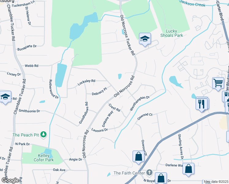 map of restaurants, bars, coffee shops, grocery stores, and more near 2858 Old Norcross Road in Tucker