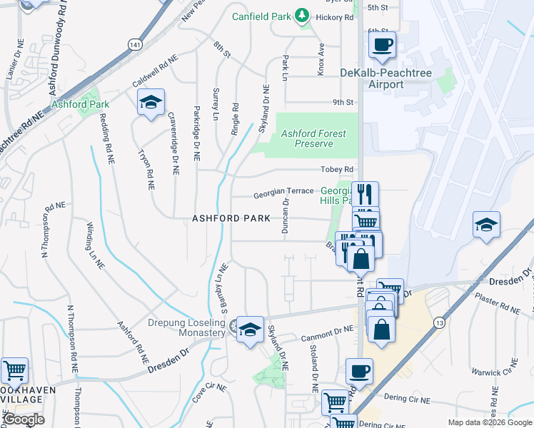 map of restaurants, bars, coffee shops, grocery stores, and more near 1802 Duke Road in Chamblee