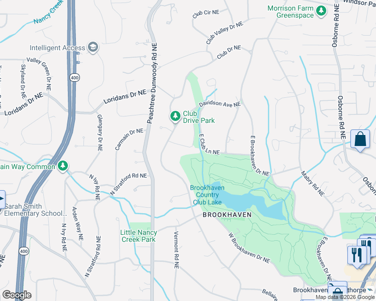 map of restaurants, bars, coffee shops, grocery stores, and more near 4239 West Club Lane Northeast in Atlanta