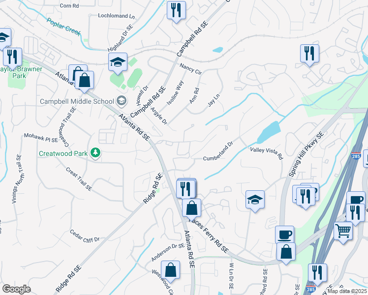 map of restaurants, bars, coffee shops, grocery stores, and more near 214 Vinings Parkway in Smyrna