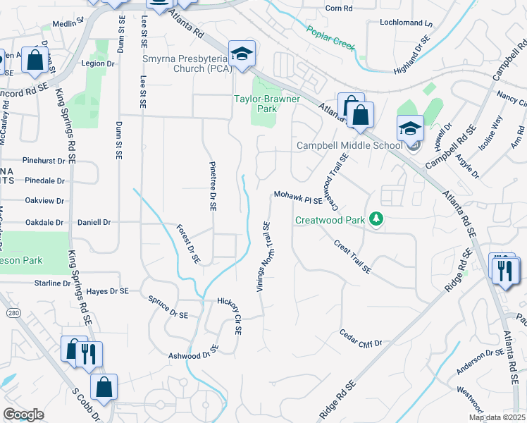 map of restaurants, bars, coffee shops, grocery stores, and more near 3404 Vinnings North Trail Southeast in Smyrna