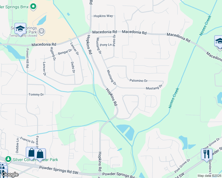 map of restaurants, bars, coffee shops, grocery stores, and more near 3435 Hopkins Road in Powder Springs