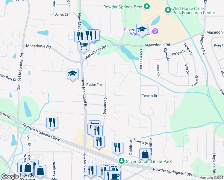 map of restaurants, bars, coffee shops, grocery stores, and more near 4006 Evelyn Drive in Powder Springs